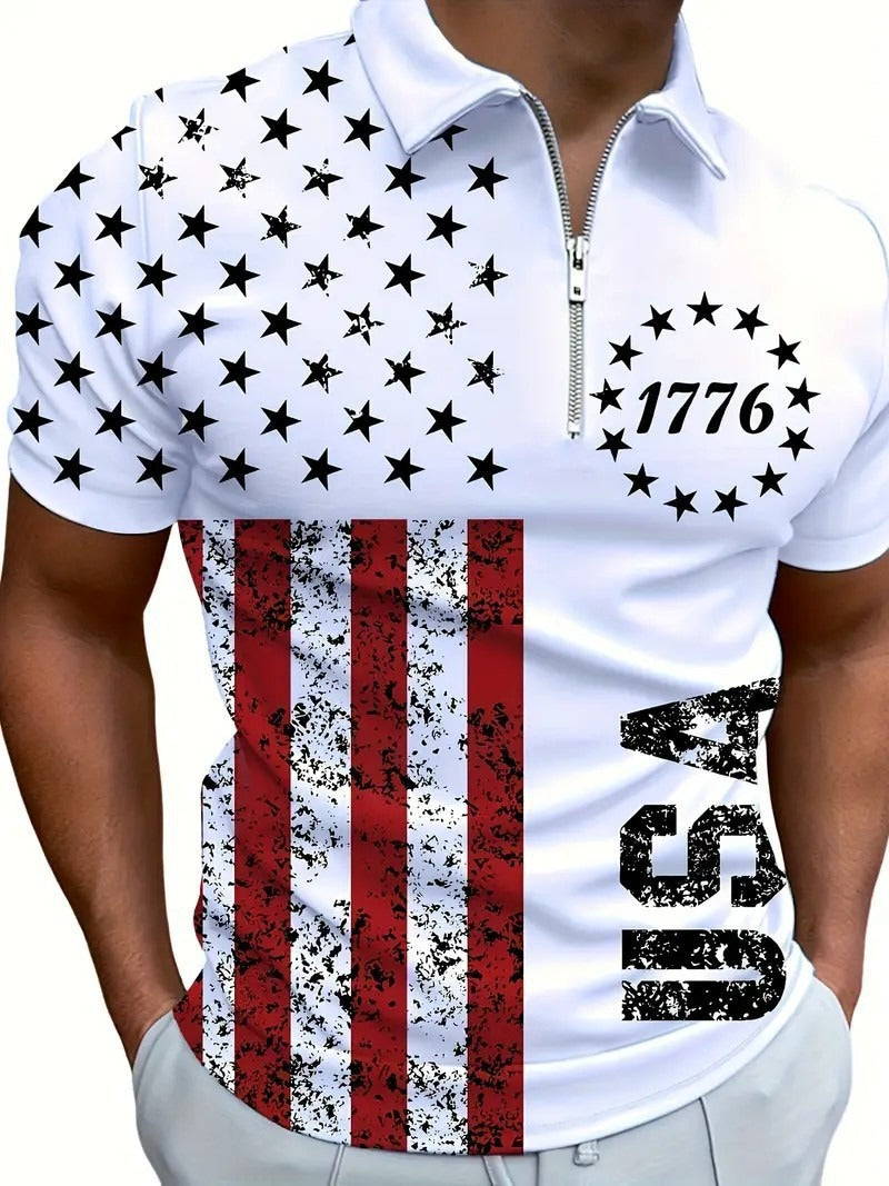 Men's 3D Digital Print Zip-Up Polo Shirt
